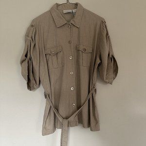 Studio Ease Short Sleeve Button Down Linen Shirt SIZE 10 Beige Safari